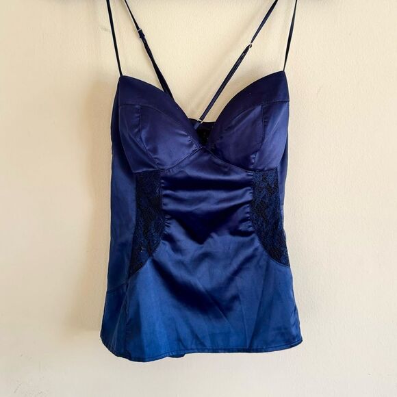 Vintage Satin Navy Blue Sweetheart Neckline Lace Women's Top Medium - Picture 1 of 3